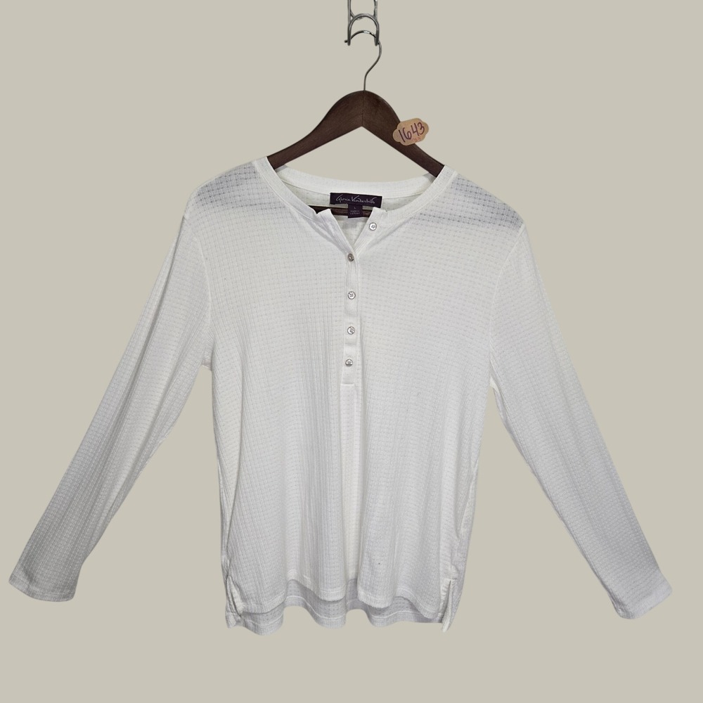 Gloria Vanderbilt Womens White Waffle Knit Long Sleeve Henley Top Large